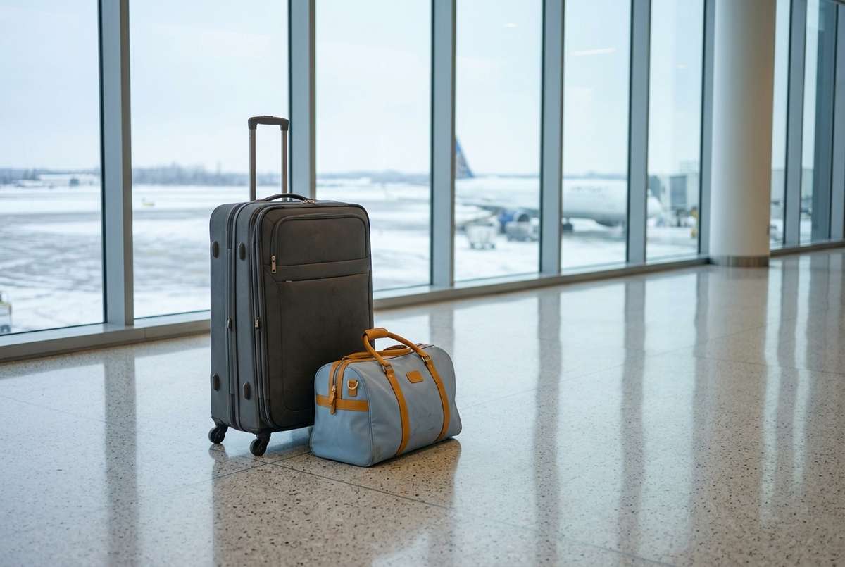 A suitcase and duffel bag inside an airport terminal overlooking a snowy runway.