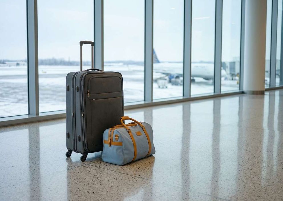 A suitcase and duffel bag inside an airport terminal overlooking a snowy runway.