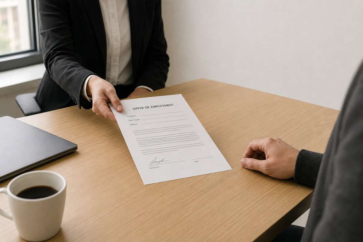 A person in a suit hands an offer of employment document across a desk to an applicant.