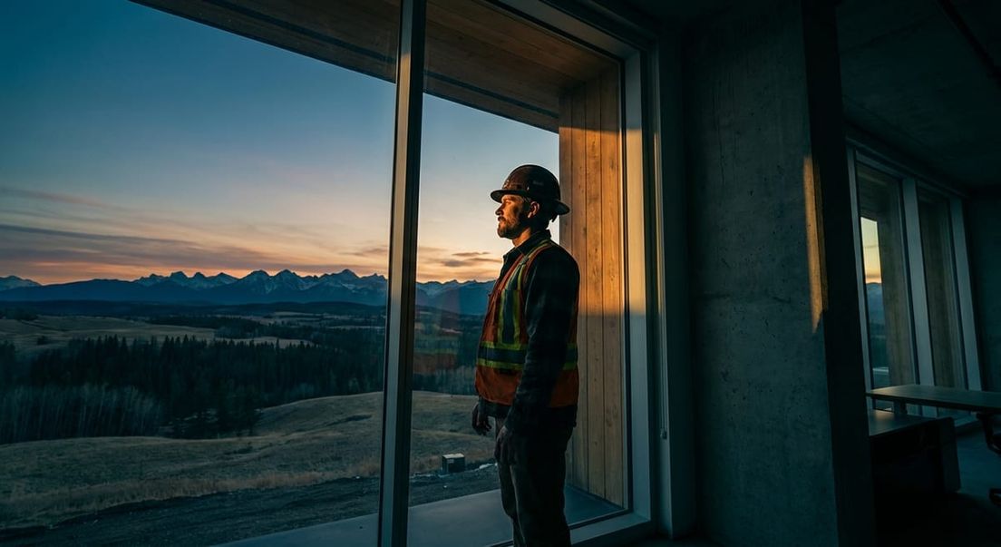 Photograph of a construction worker in a safety vest looking at the Alberta mountain landscape at sunset.