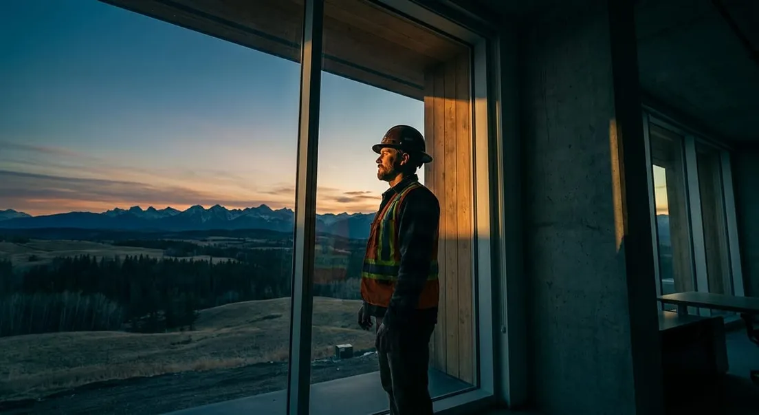 Photograph of a construction worker in a safety vest looking at the Alberta mountain landscape at sunset.