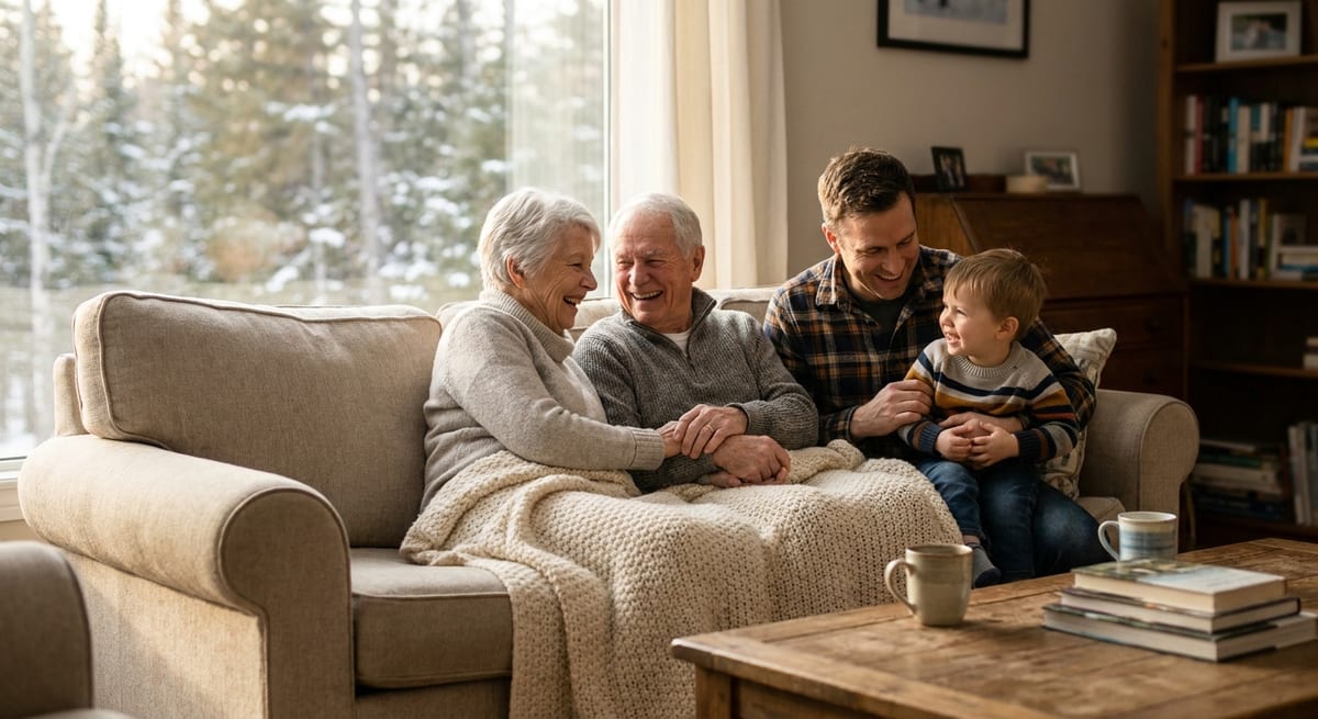 Photograph of smiling grandparents and family on a beige sofa, ideal for a Super Visa Canada application.
