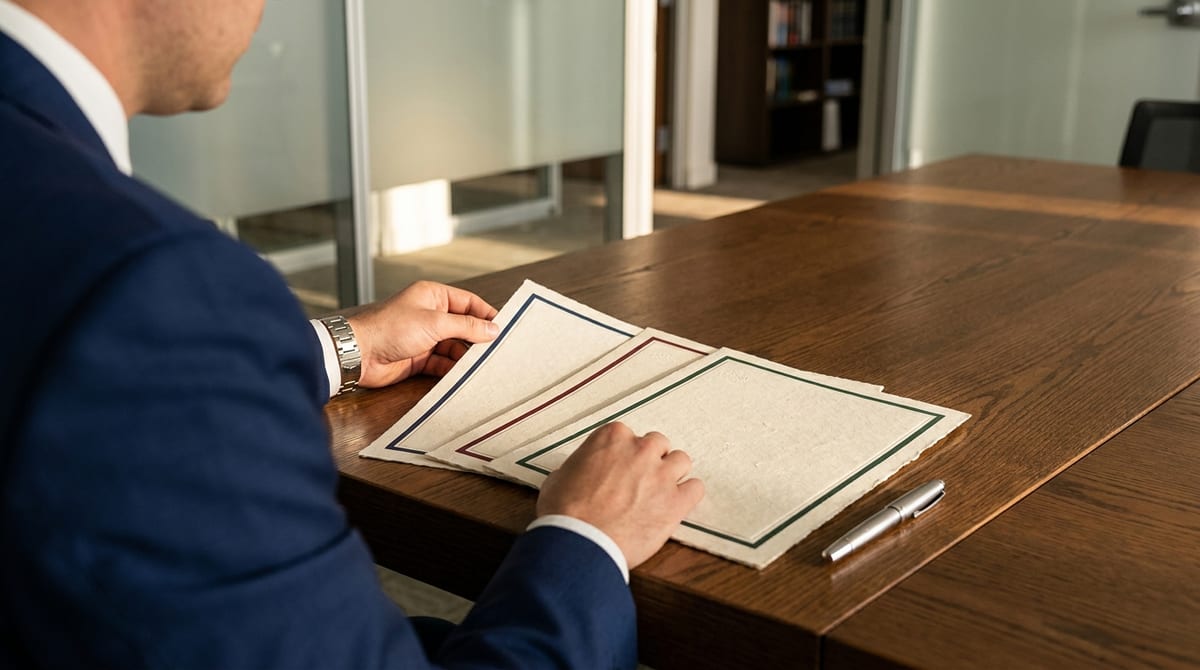 Professional's hands arranging three distinct embossed documents on a dark oak desk, symbolizing skill combinations.