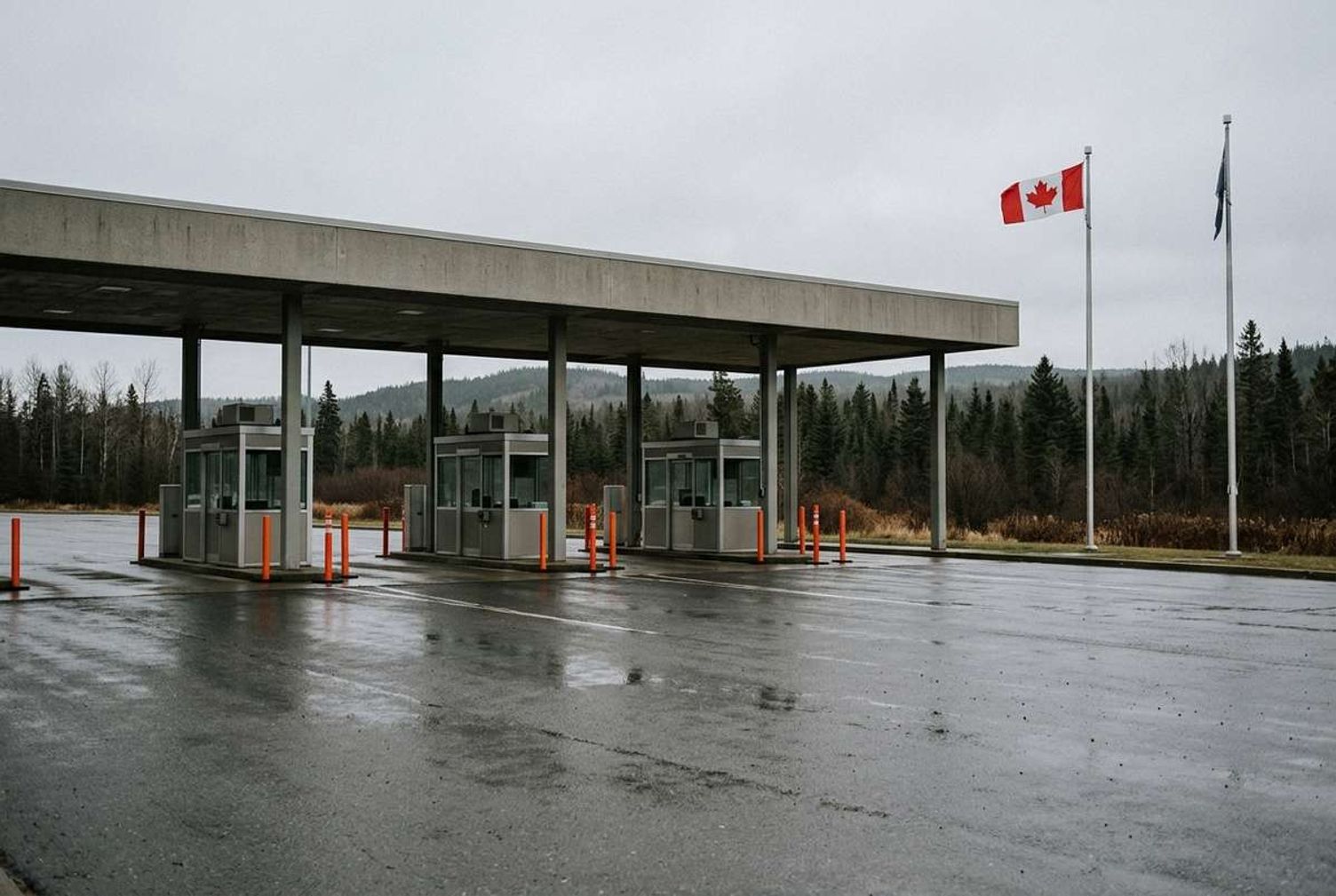 A Canadian border crossing checkpoint with inspection booths and a Canadian flag.