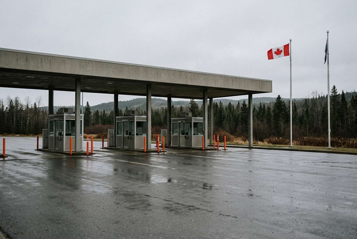 A Canadian border crossing checkpoint with inspection booths and a Canadian flag.