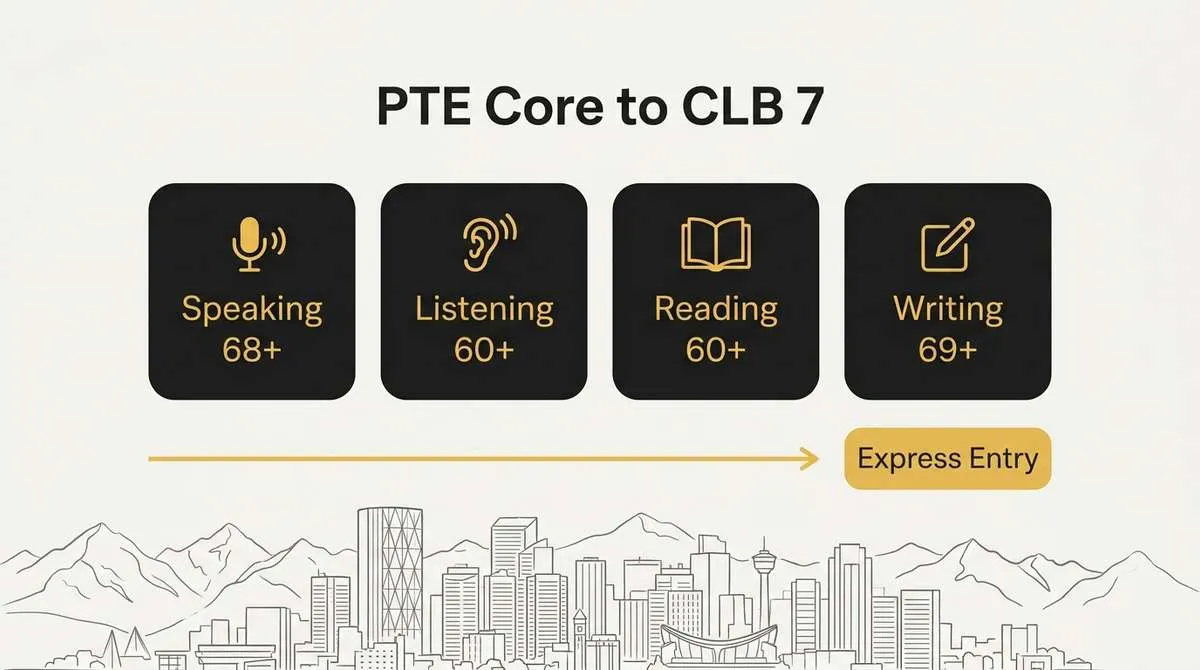 Graphic showing PTE Core to CLB 7 targets for speaking, listening, reading, and writing, leading to Express Entry.