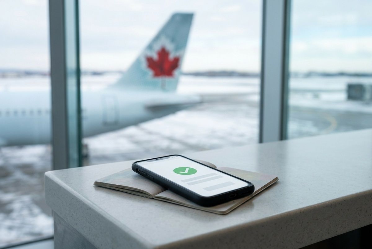 A phone with an approval checkmark on a passport by an airport window overlooking a Canadian plane.