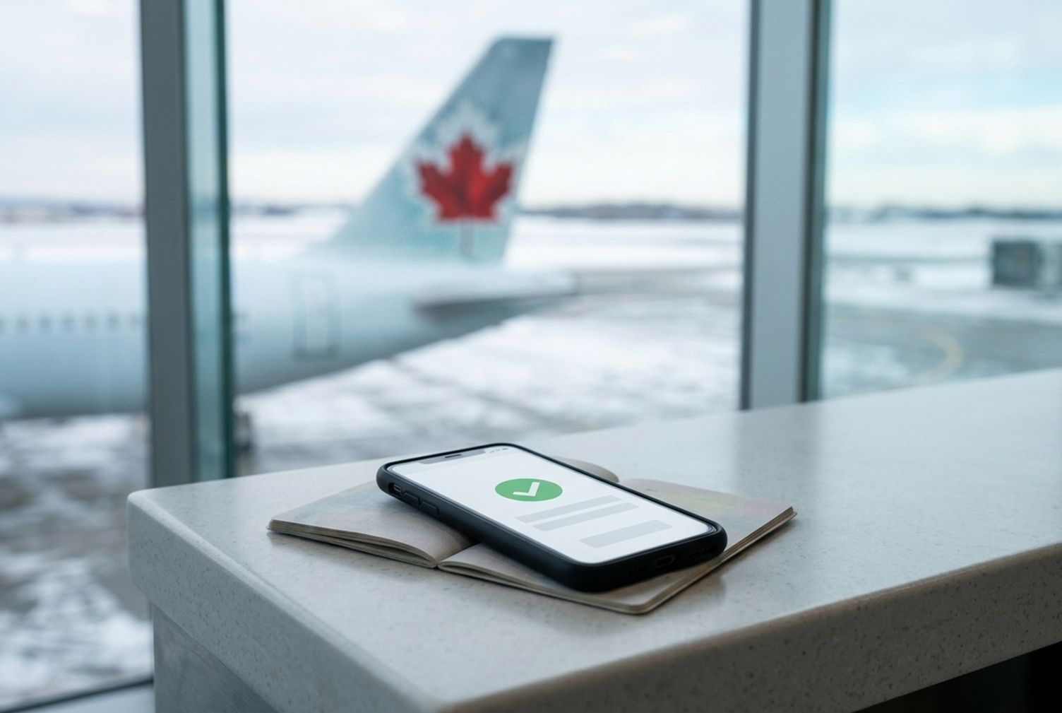 A phone with an approval checkmark on a passport by an airport window overlooking a Canadian plane.