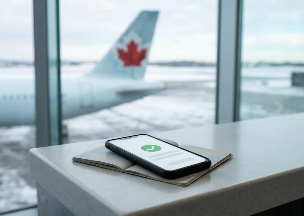 A phone with an approval checkmark on a passport by an airport window overlooking a Canadian plane.