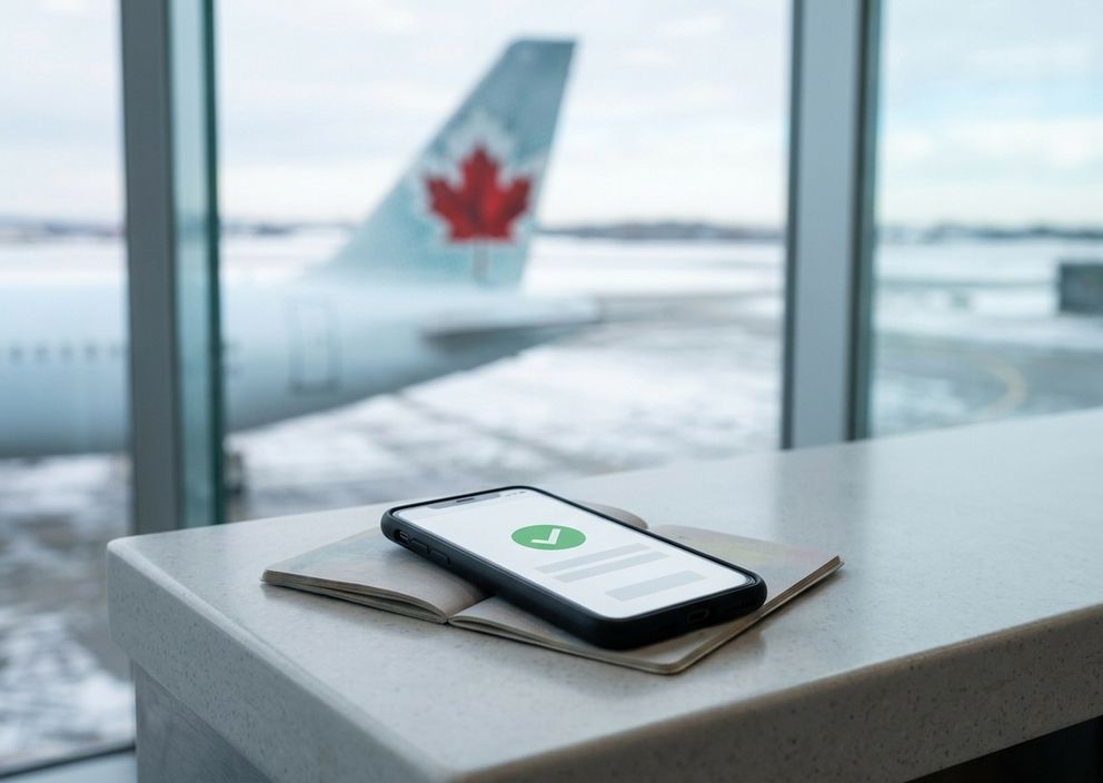 A phone with an approval checkmark on a passport by an airport window overlooking a Canadian plane.