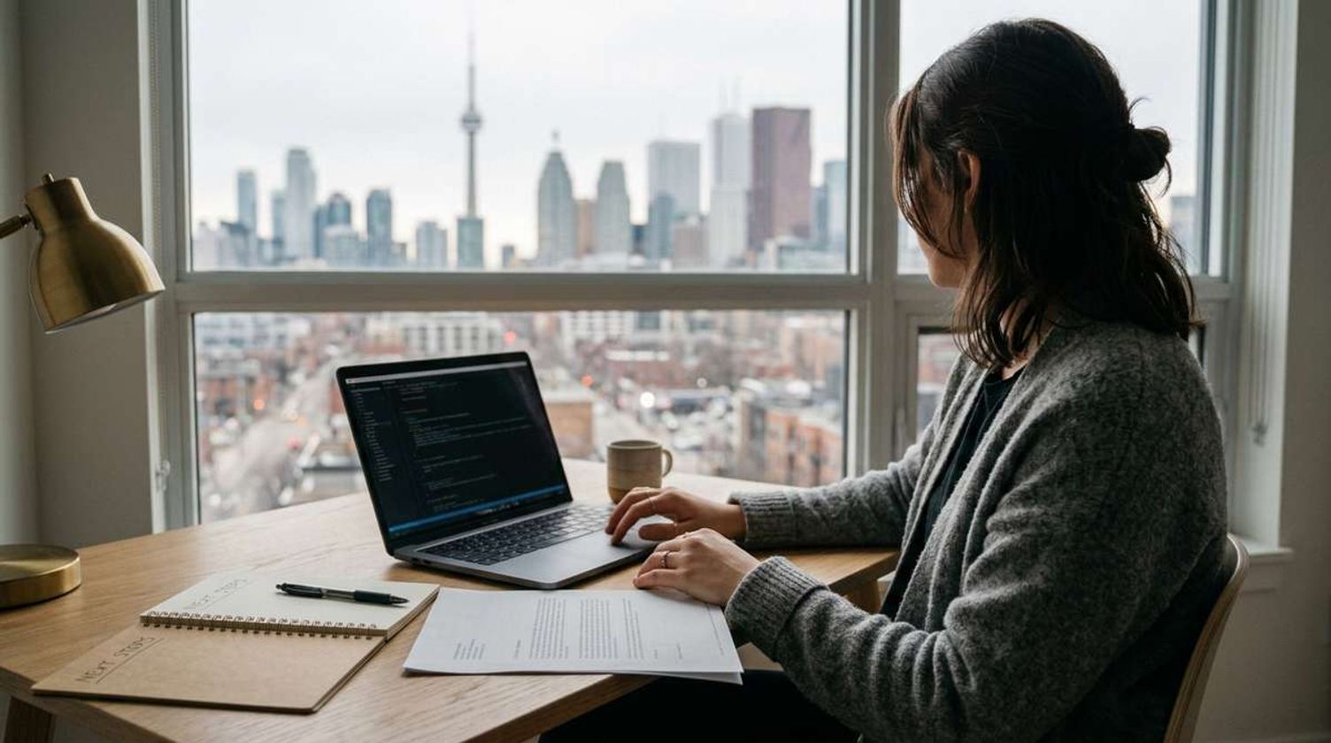 A woman sits at a desk with a laptop and papers, looking out a window at the Toronto skyline.