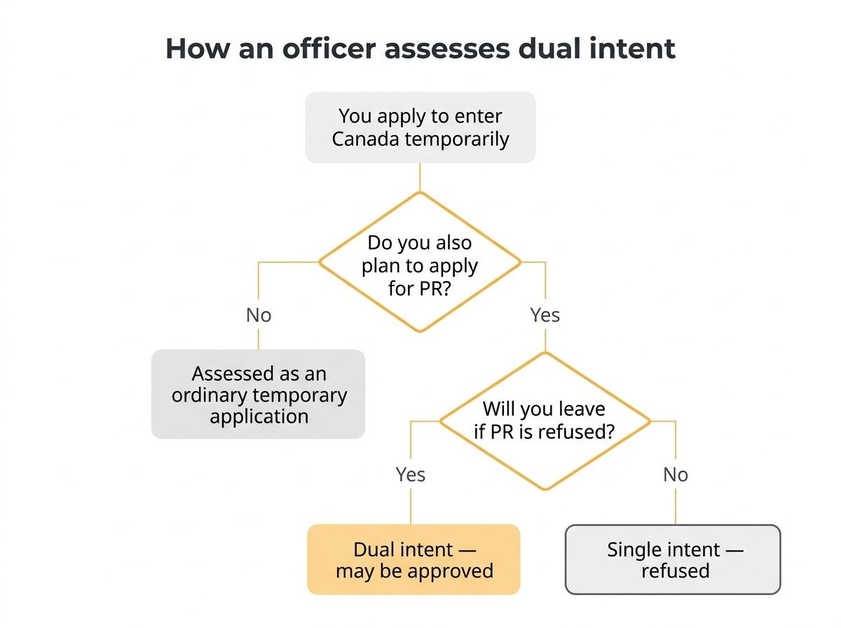Flowchart showing how immigration officers assess dual intent for temporary Canadian visa applicants.