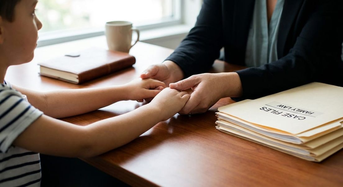 Close-up of a parent holding a child's hands on a professional office desk next to legal files, symbolizing compassion.