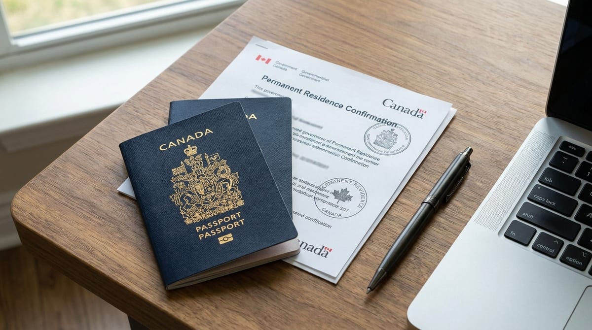Canadian permanent residence paperwork and passport on a desk