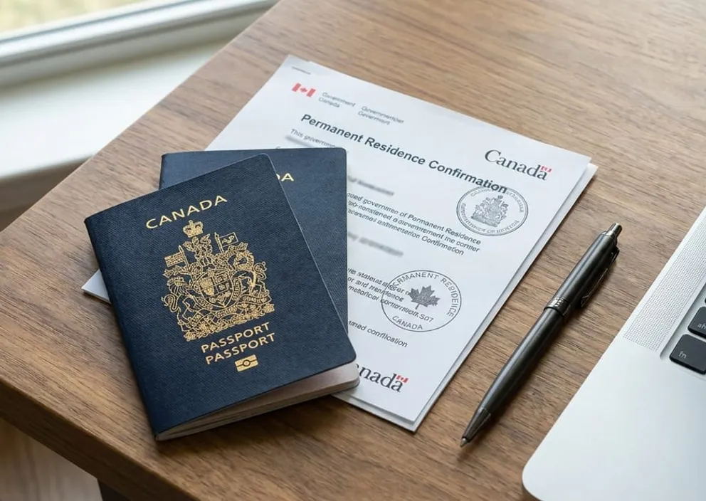 Canadian permanent residence paperwork and passport on a desk
