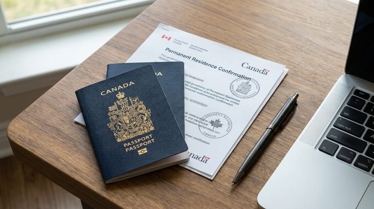 Canadian permanent residence paperwork and passport on a desk