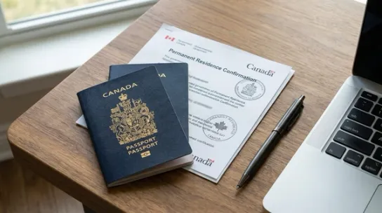 Canadian permanent residence paperwork and passport on a desk