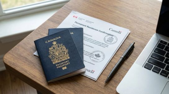 Canadian permanent residence paperwork and passport on a desk