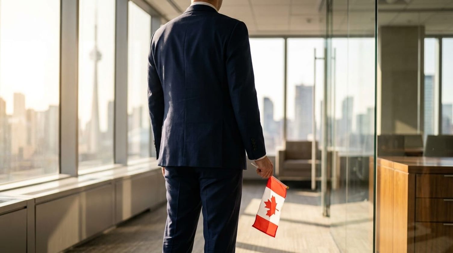 Back view of a professional holding a small Canadian flag, looking out a modern office window at the Toronto skyline.