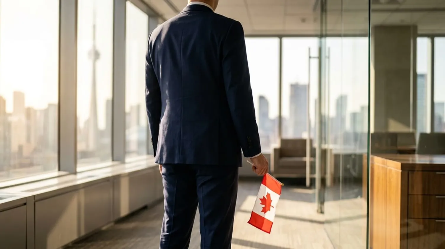 Back view of a professional holding a small Canadian flag, looking out a modern office window at the Toronto skyline.