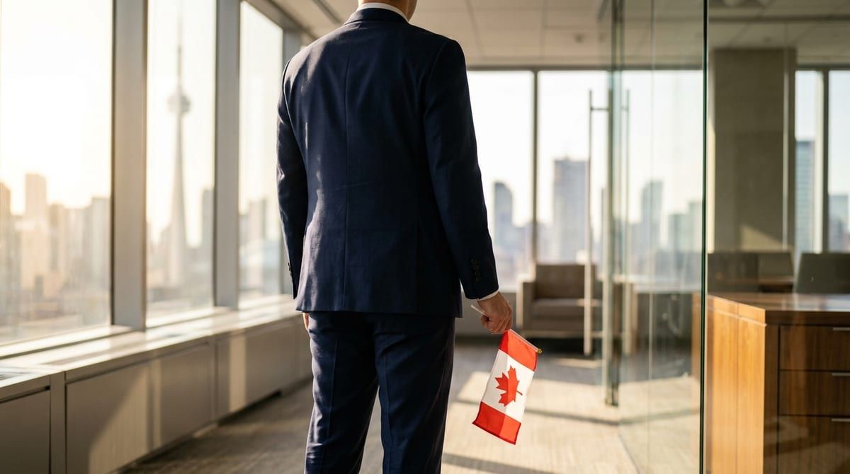 Back view of a professional holding a small Canadian flag, looking out a modern office window at the Toronto skyline.