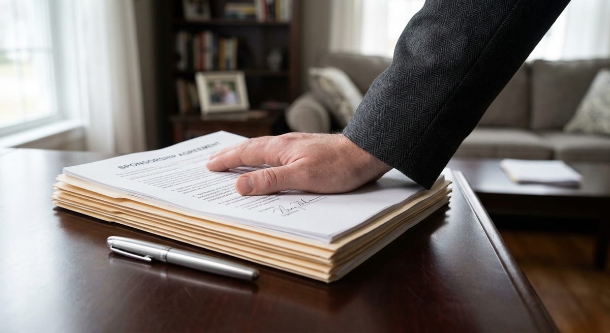 Photograph of a hand resting on a stack of Canadian sponsorship agreement papers on a wooden desk with a silver pen.