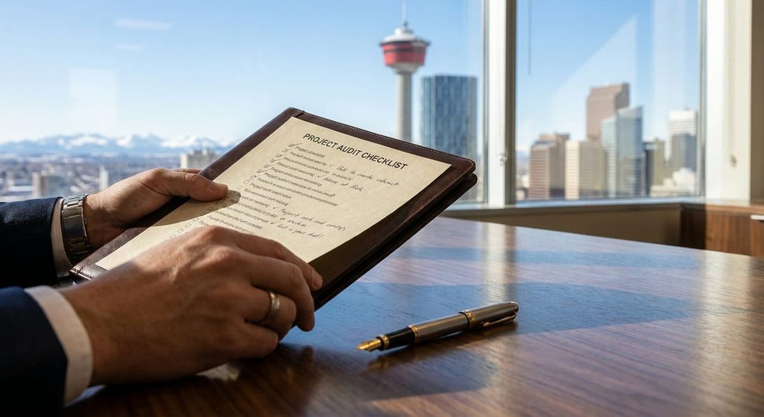 Photograph of a professional reviewing a checklist in a Calgary office, representing AOS eligibility criteria.