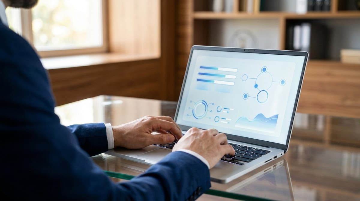 A professional viewing an abstract digital progress timeline on a laptop in a modern, brightly lit office setting.