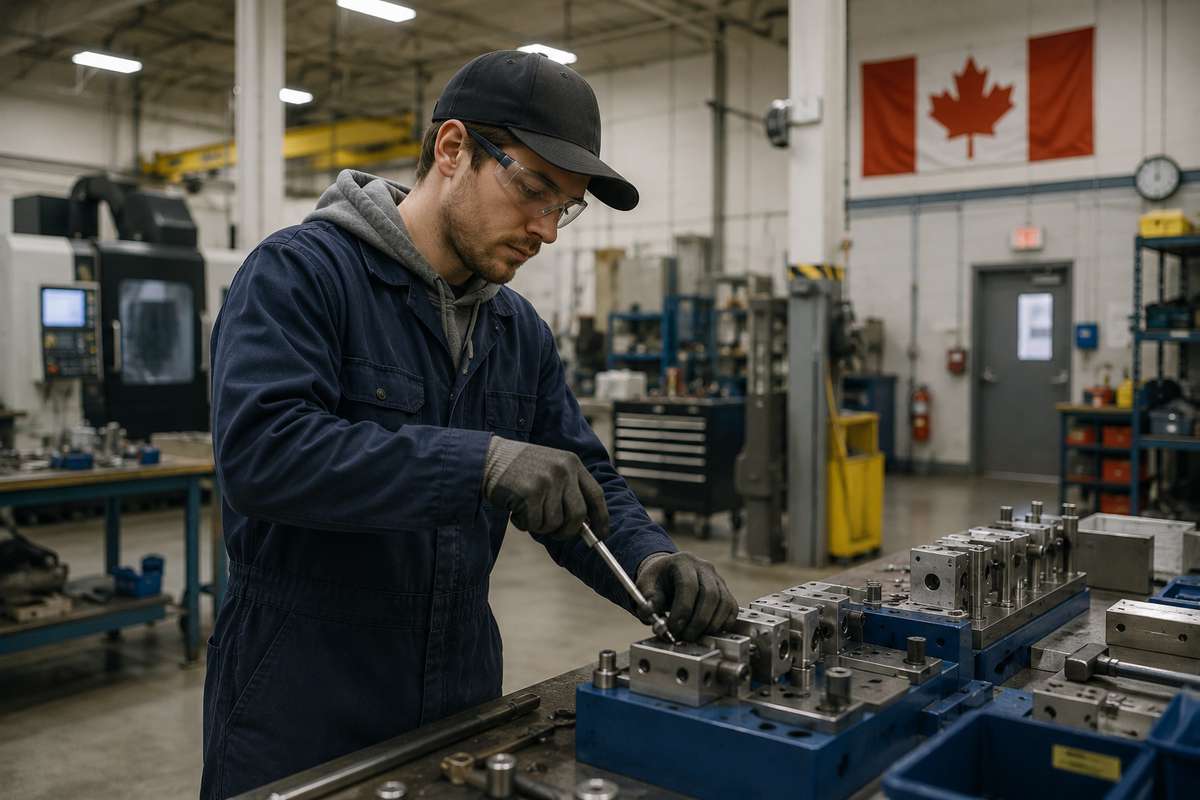 A machinist wearing safety glasses works on metal parts in a workshop with a Canadian flag on the wall.