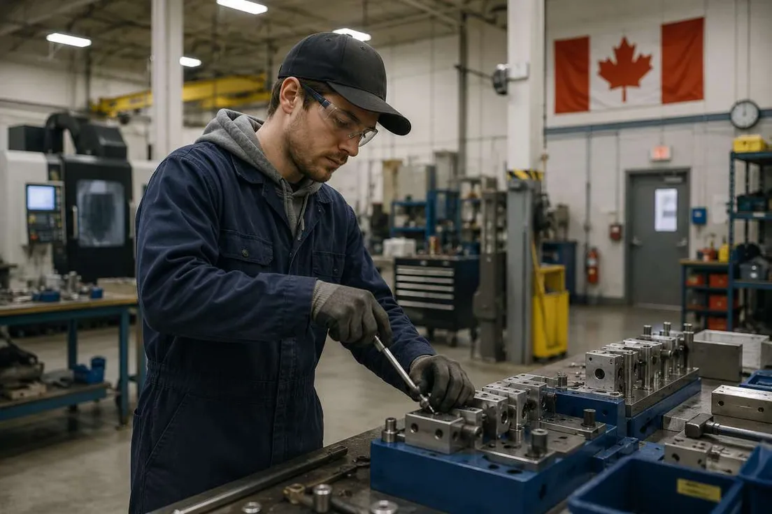 A machinist wearing safety glasses works on metal parts in a workshop with a Canadian flag on the wall.