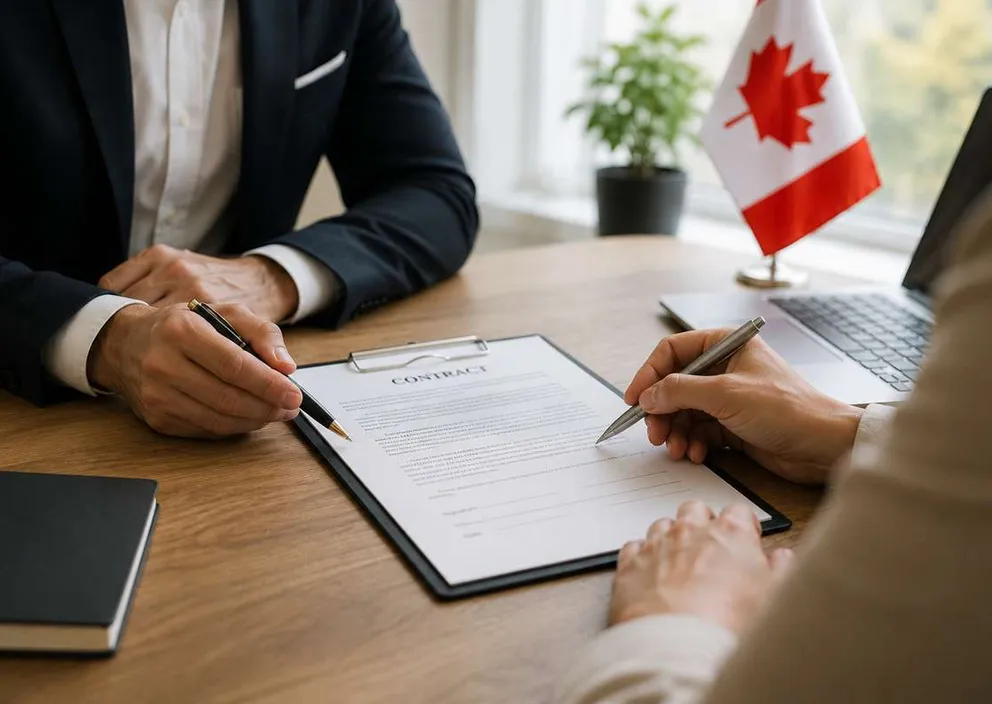 Two people reviewing a contract on a desk next to a small Canadian flag.