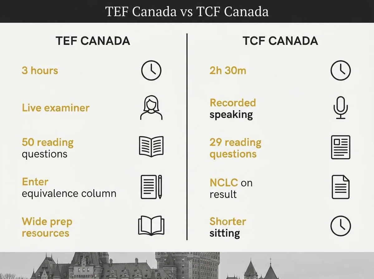 Comparison graphic outlining differences between TEF Canada and TCF Canada French language tests.