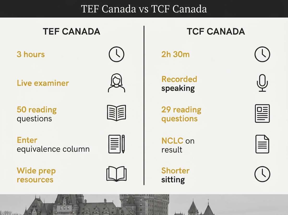Comparison graphic outlining differences between TEF Canada and TCF Canada French language tests.