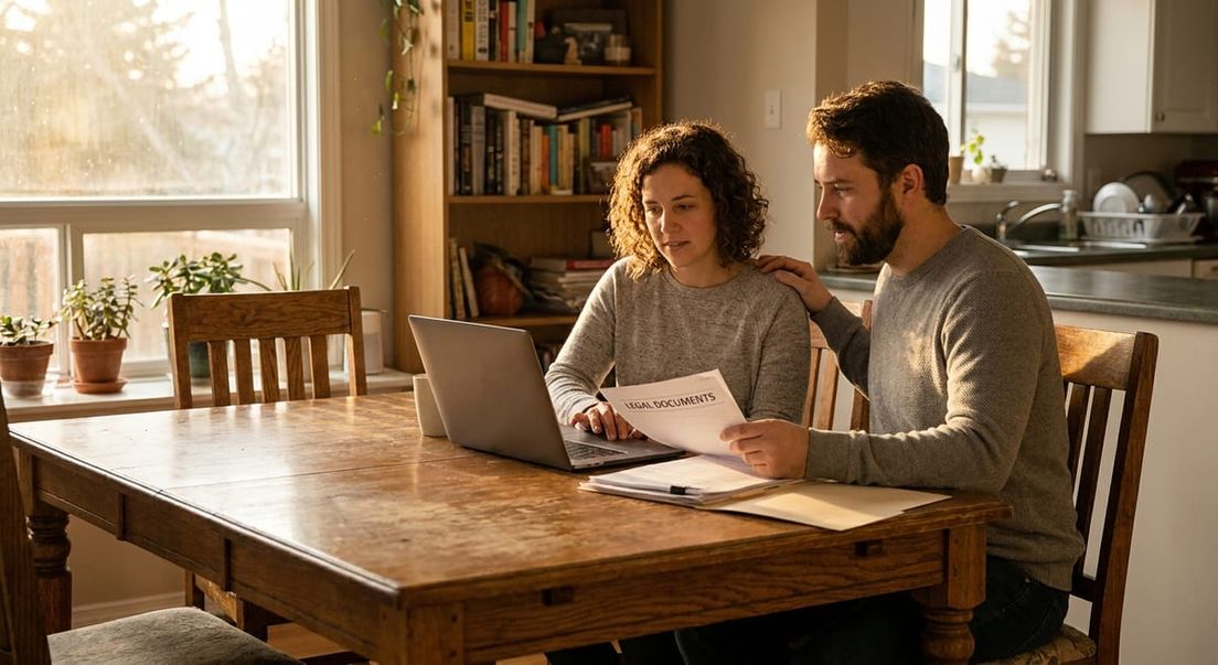Photograph of a couple reviewing legal documents at a wooden table for a spousal sponsorship appeal.