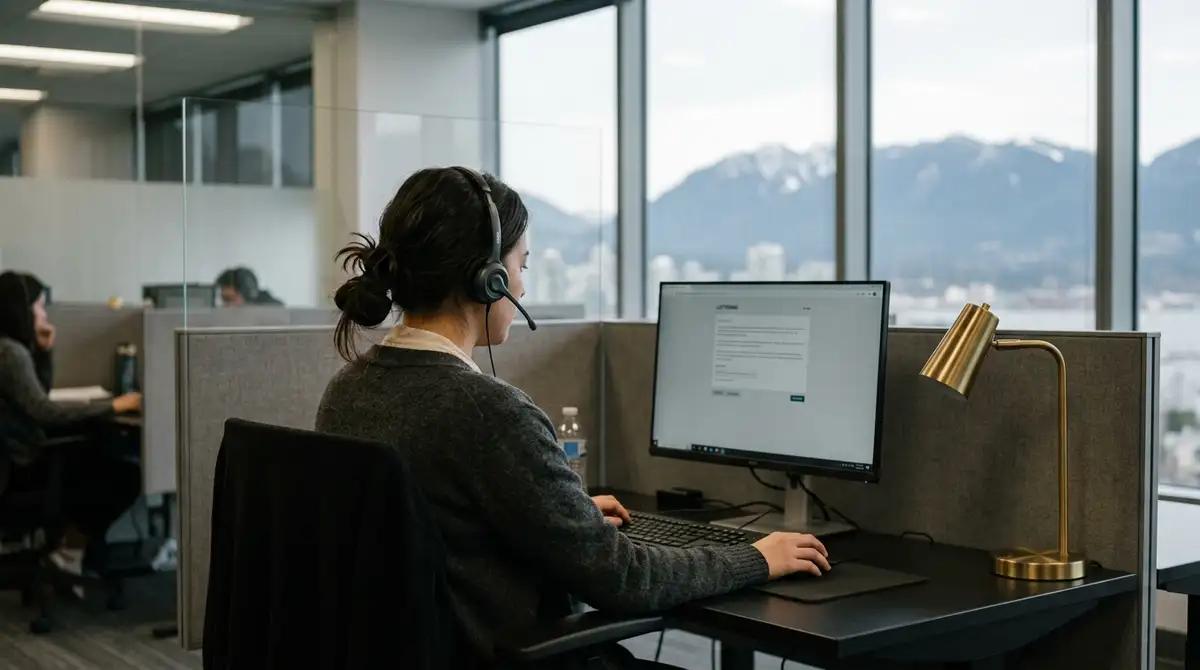 Woman wearing a headset takes a computer-based language test at an office workstation.