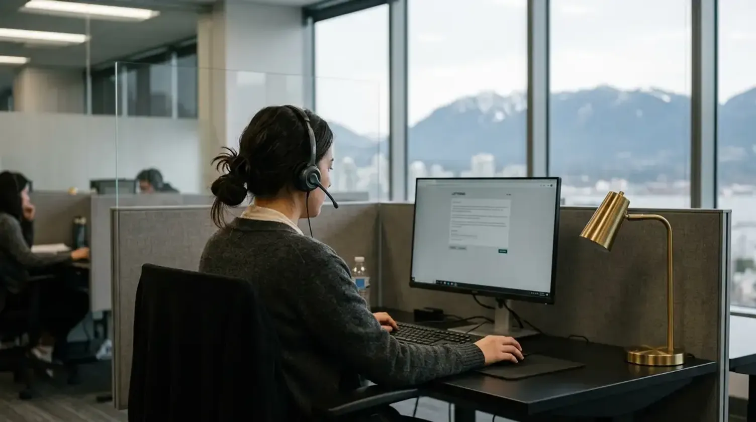 Woman wearing a headset takes a computer-based language test at an office workstation.