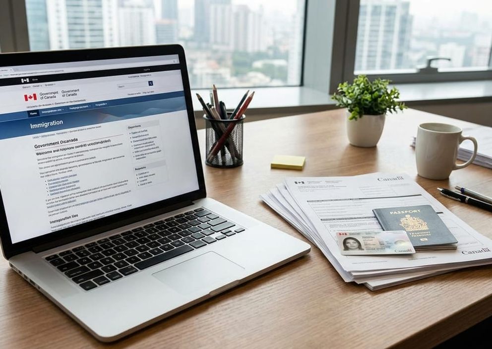 Canadian immigration documents and laptop on an office desk