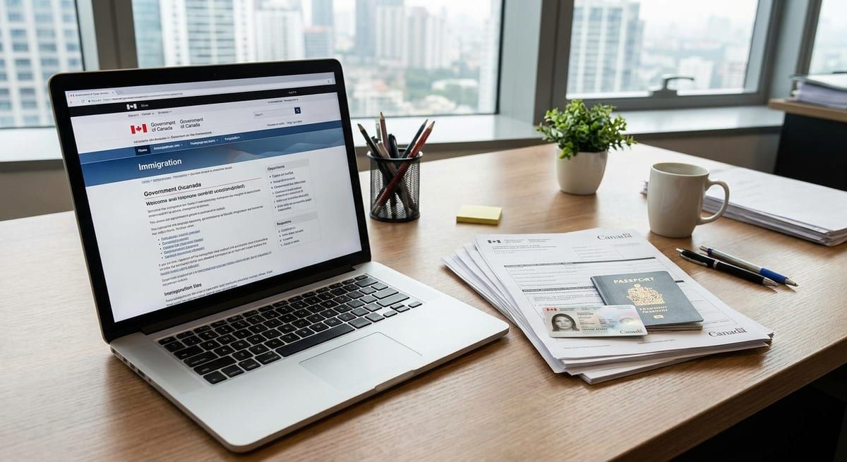 Canadian immigration documents and laptop on an office desk