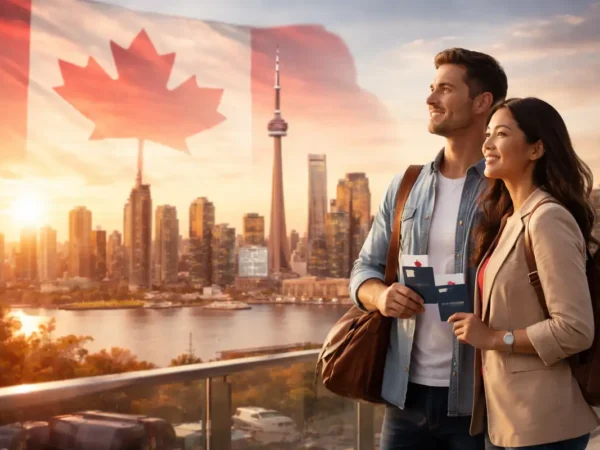 Diverse couple holding passports and travel documents overlooking Toronto skyline with CN Tower at sunset, symbolizing Canada permanent residence and new life opportunities.