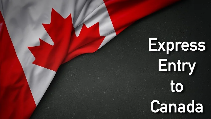 the Canadian flag folded on the top left corner with a text in the bottom right corner saying "express entry to Canada"