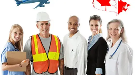 a group of people standing side by side with the Canadian flag and an airplane on top