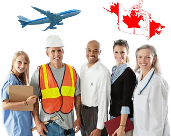 a group of people standing side by side with the Canadian flag and an airplane on top