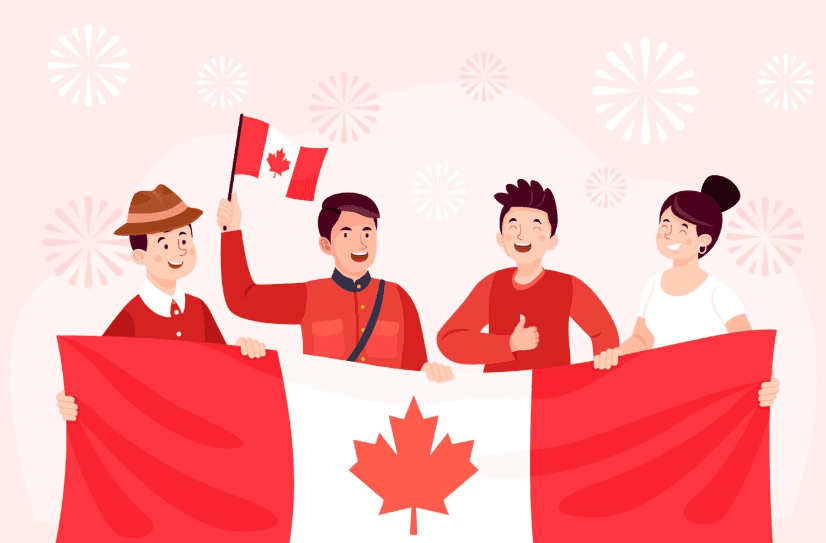 Group of four individuals holding a large Canadian flag