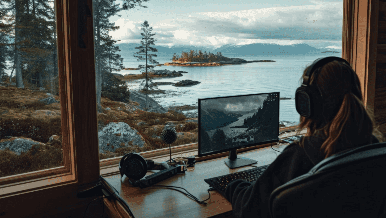 A girl sitting at a desk with a laptop and a view of the Canadian forest and mountains