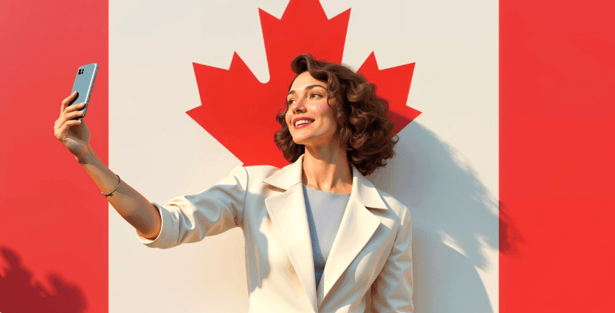 Smiling woman taking a selfie in front of the Canadian flag.
