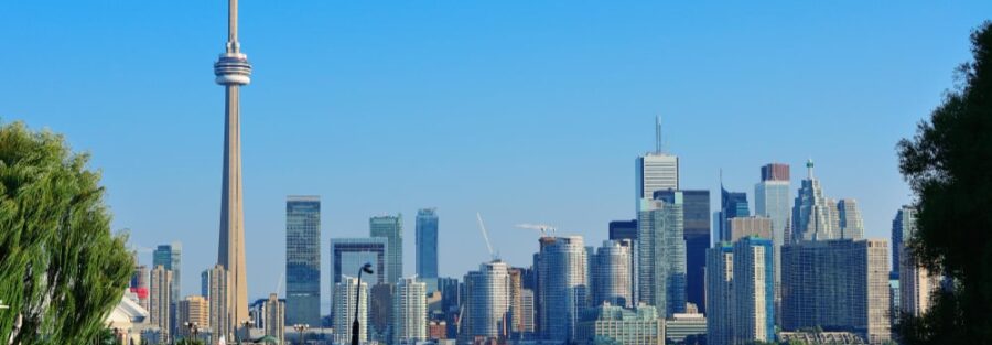 Toronto skyline with CN Tower viewed from across the water