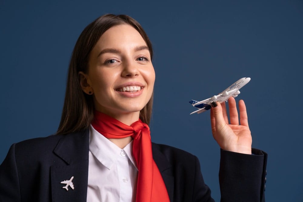 A smiling flight attendant holding a model airplane against a blue background.