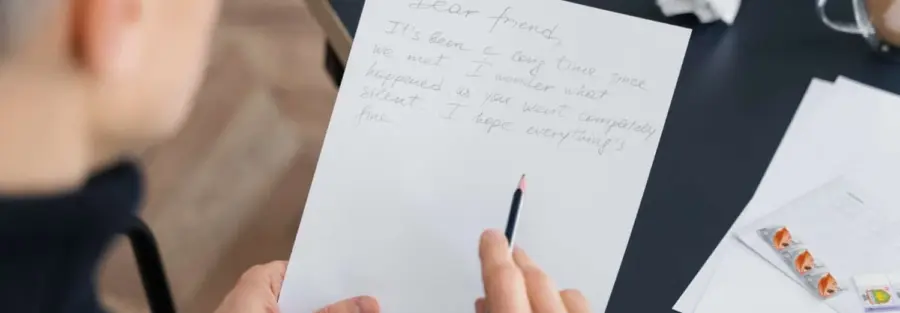 A person holding a handwritten letter that begins with “Dear friend,” while sitting at a desk with crumpled paper, a coffee cup, and postage stamps.