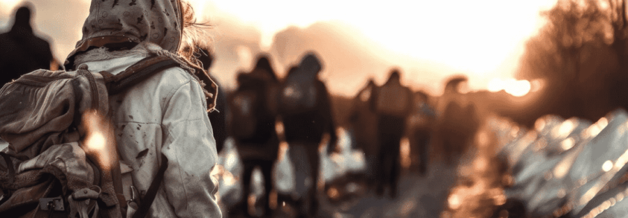 Refugees walking along a dirt road at sunset, carrying backpacks.