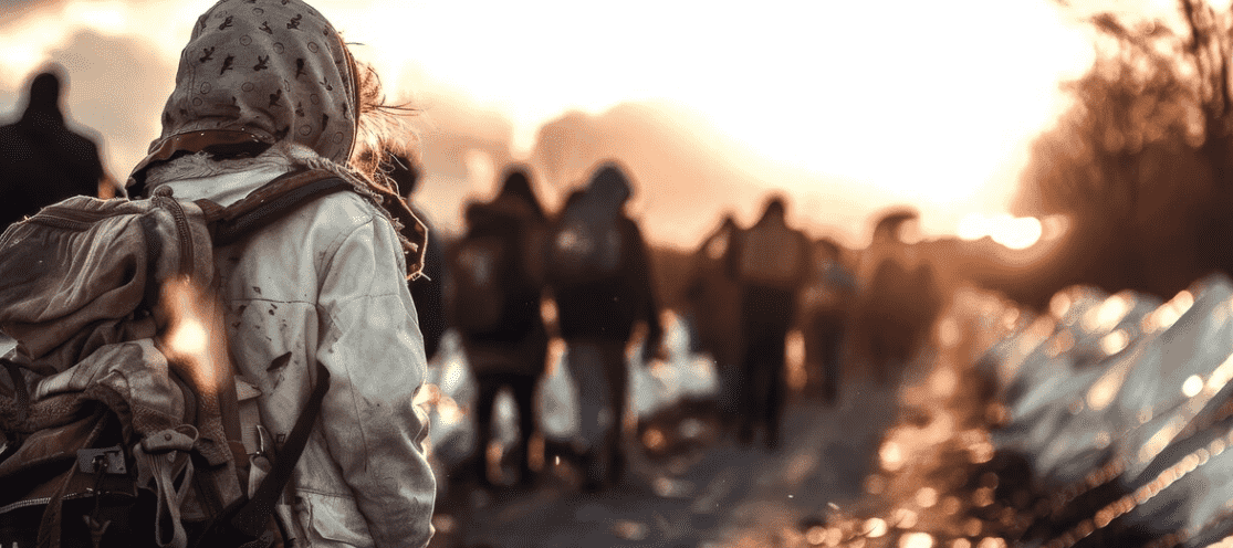 Refugees walking along a dirt road at sunset, carrying backpacks.